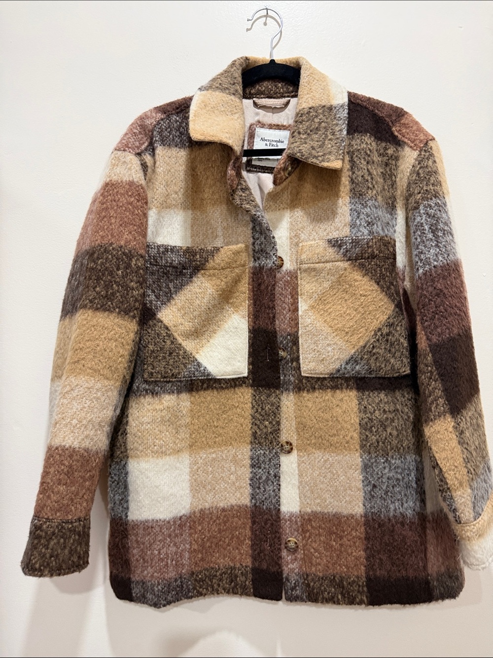Abercrombie & Fitch Brown and Cream Plaid Wool Blend Shacket - Picture 2 of 10